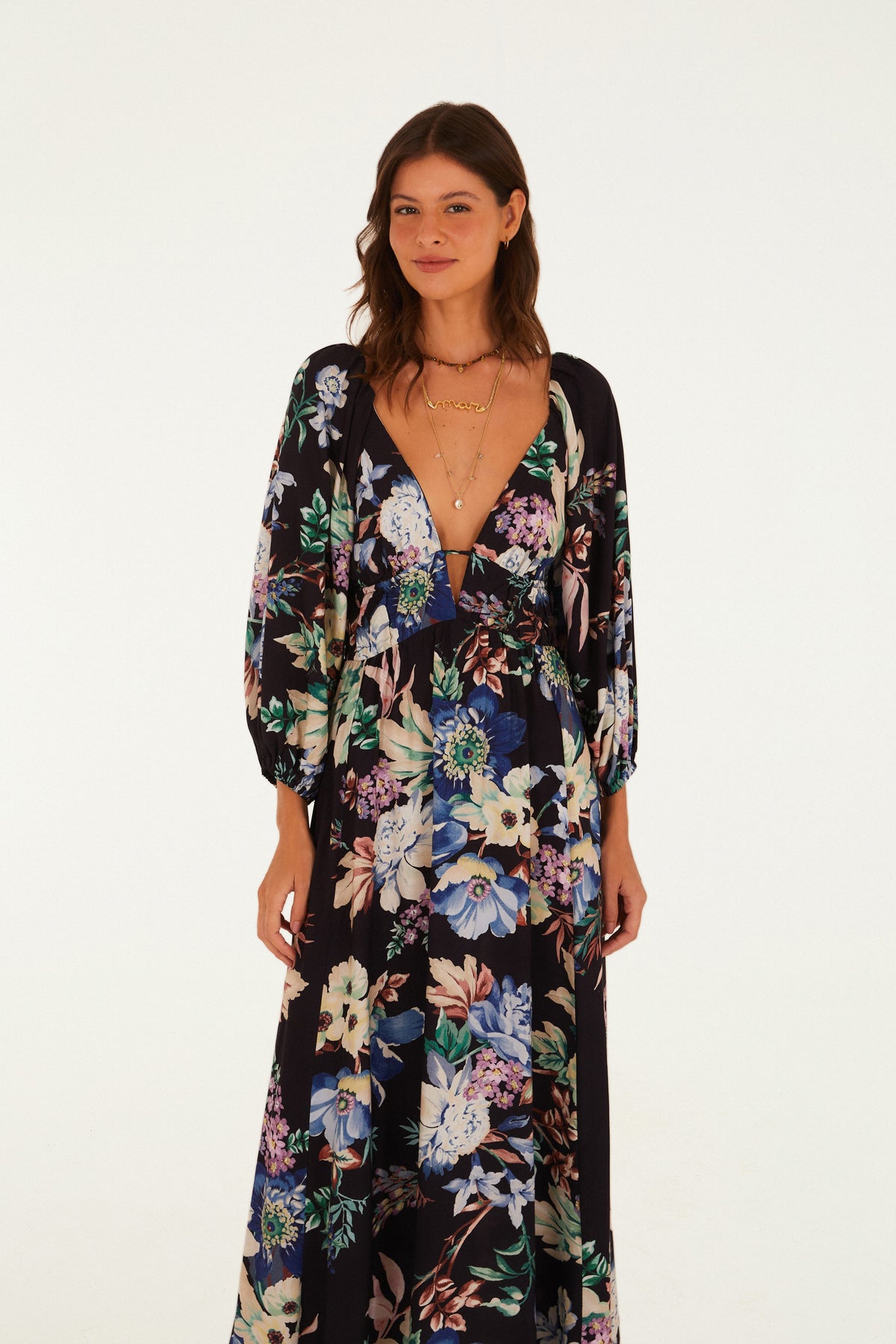 Vestido Largo Manga Estampado Floral Leni