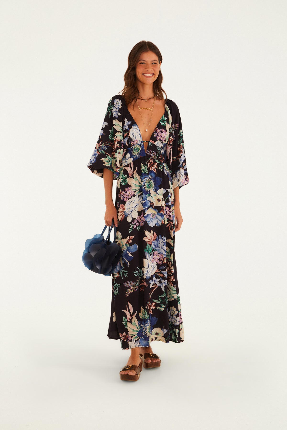 Vestido Largo Manga Estampado Floral Leni