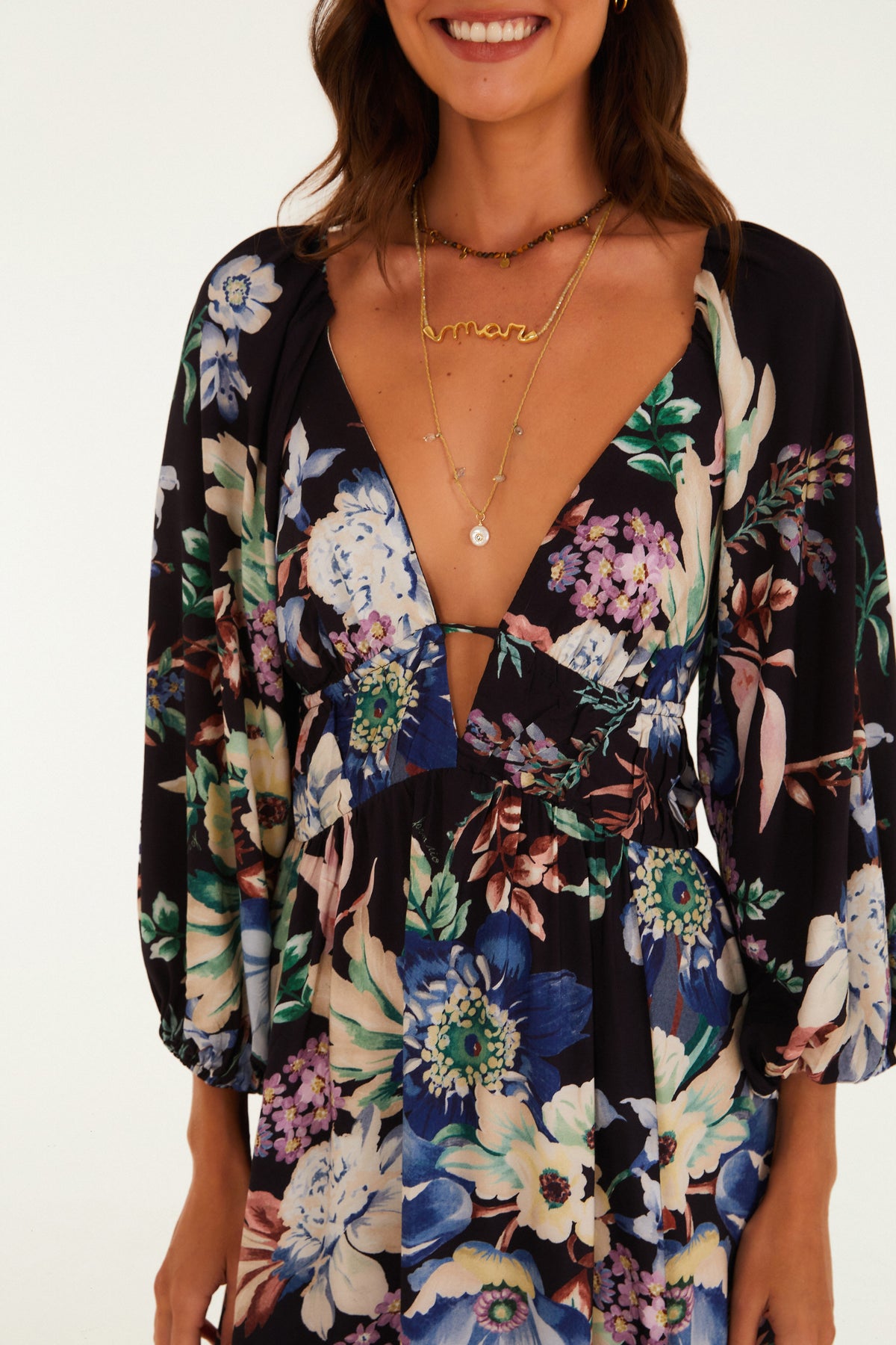 Vestido Largo Manga Estampado Floral Leni