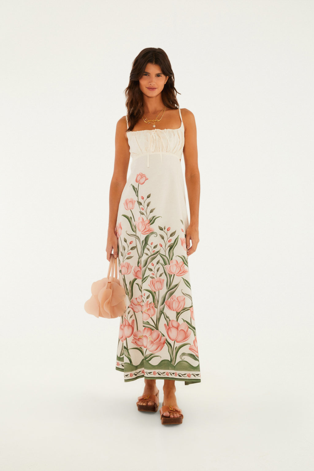 Vestido Largo Tirante Estampado Sonho De Tulipas