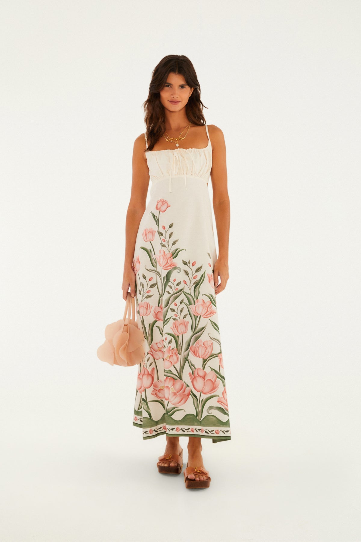 Vestido Largo Tirante Estampado Sonho De Tulipas