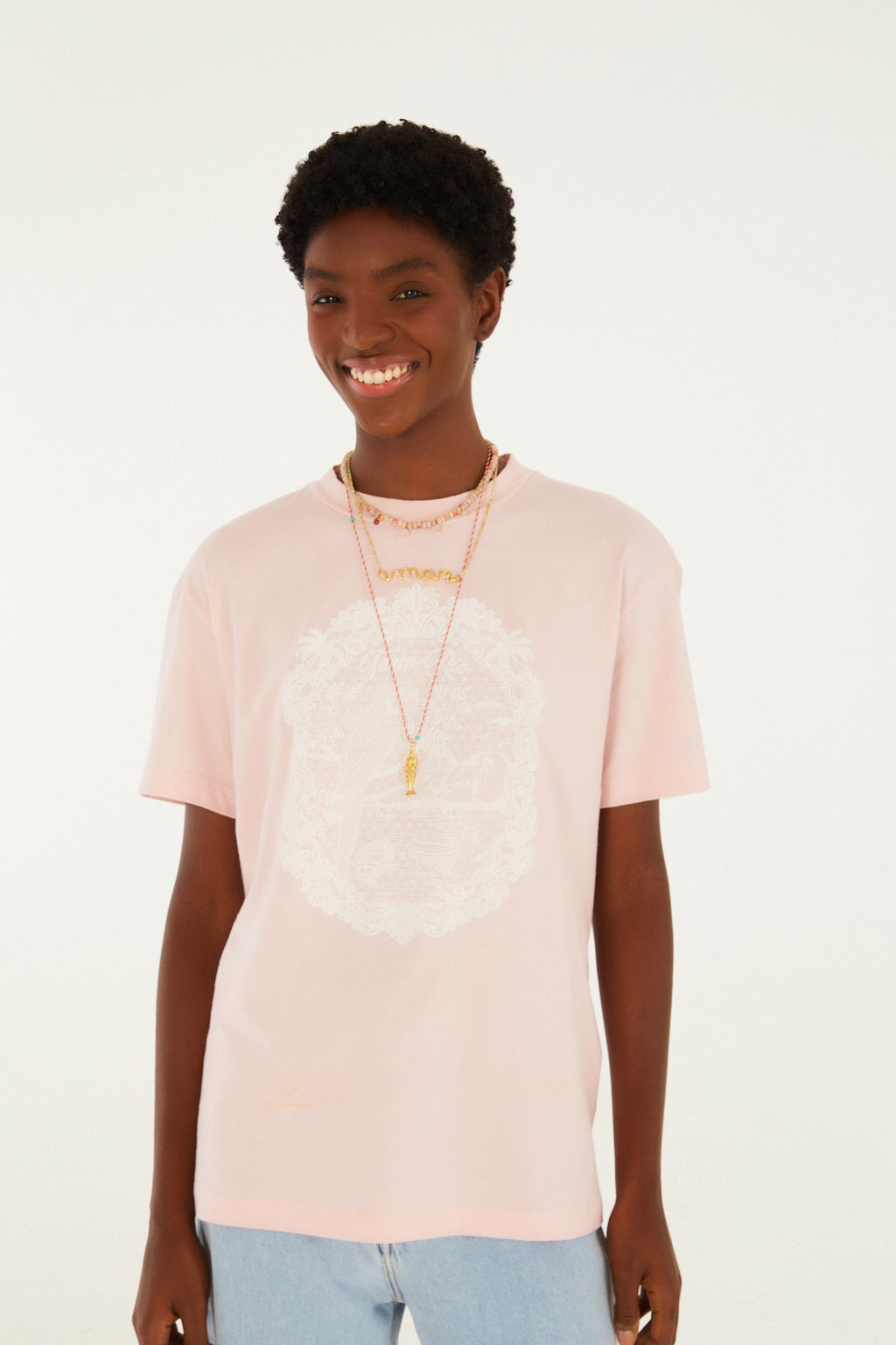 Camiseta Media Rio De Renda Rosa